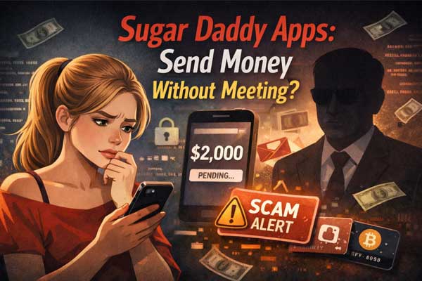 Concept image about sugar daddy apps that send money without meeting and common online dating scams
